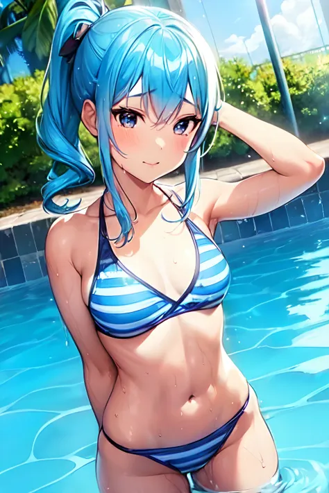 (1 girl in、stripe bikini)、tight fitting、pure face、(blue hairs、side ponytail)、dripping water、teen、sports body abs、slim figure、pool side、strap slipping、(tanline skin)、cute anime girl、((best quality、sfw))