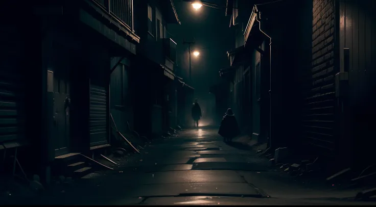 Create an image of a dark alley at night. Show Josh Longdon, an old man, serial killer in action;, committing a murder against a woman to obtain the necessary elements for the ritual. Capture the contrast between the surrounding darkness and the sinister d...