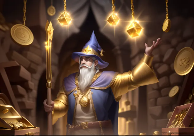 Perfectly make the same wizard of the photo,rico,cajado de ouro,treasure chest and gold coins in the same environment,coloque joias diamantes e brilhantes