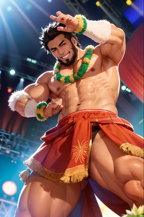 （tmasterpiece，best qualtiy：1.2），独奏，malefocus，1boy，Iskandar dances on stage in a hula dress，Mature male，big muscular male，dark-brown skin，Large muscles，massive pec，Thick armpit hair is revealed under the armpits，((Crotch bulge))，looking at viewert，both hand...