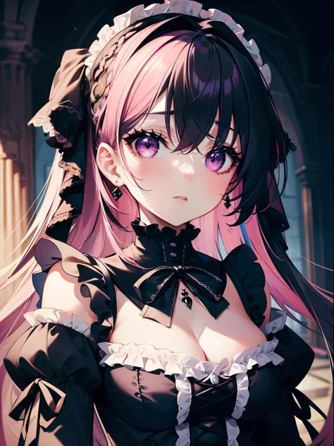 (Masterpiece, Best quality, ultra high resolution, splendid),1girl,gothic dress, (multicolor hair, pink and black hair), beautiful and detailed face, detailed eyes,ruffled dress,((gothic lolita)),