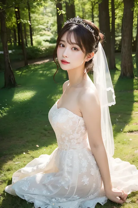 (extremely delicate and beautiful work)、(​masterpiece)、Highly detailed wedding dresses、Boat neck、Bridal tiara、Bridal Veil、poneyTail、A charming expression、Beautiful and clear eyes、Simple blurry background、mare、Ultra-fine painting、delicated face、Delicate fig...