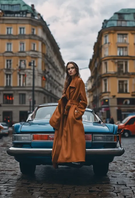 hyper realistic car in warsaw city, its raining and its night, there is a beautiful girl next to the car showcasing