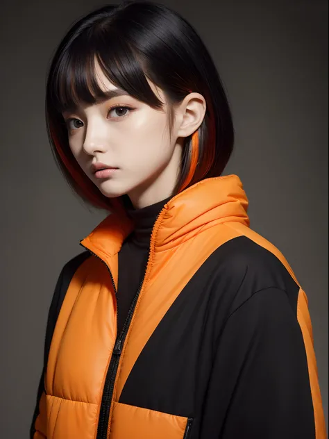 the Extremely Detailed CG Unity 8K Wallpapers、top-quality、ultra-detailliert、​masterpiece、studio shoot、Full body portrait、Black and orange jacket、realisitic、Photo Real、extremely detailed cute girl、独奏、sixteen years old、side glance, Melancholy look, Hands beh...