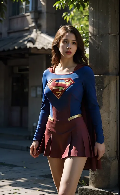 1girl,(Perfect figure,be tall and slim),solo,standing,(outdoor:1),sky,Focus on the face,Beautiful face,Detailed delicate young face,supergirl, (Super girl suit:1.5),Jumpsuit, red short skirt, glowing tighs, (huge breasts,Big tits,Big breasts:1.3),thigh gap...