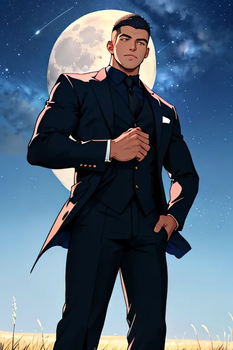 Draw a full-fledged footballer，Standing on the steppe at night，He wears a fancy suit，The man looks confident and determined，looking-down，Crew cut，full bodyesbian，Stars dot the sky，shooting from below，Big moon highlights background