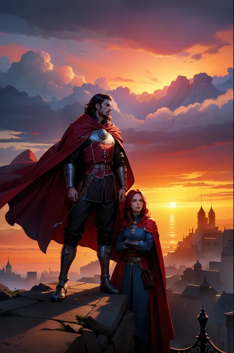 Dois personagens guerreiros, entardecer, 8k, magnifica, poderoso, magia, Mantos, sangue, Cidade medieval, dramatic scene, Colors of Gothic armor, sky with many clouds, Magnificent, tunic, Long, flowing red cape