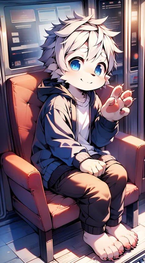 Masterpiece, chubby Little boy with white hair and shiny bright blue eyes and barefoot wearing a hoodie, and oversized sweatpants sitting in a train, young, boy, child, small, toddler, soft light, (sweatpants:1.4), (Boy:1.4), (Shota:1.4), (Young:1.4), (Mal...