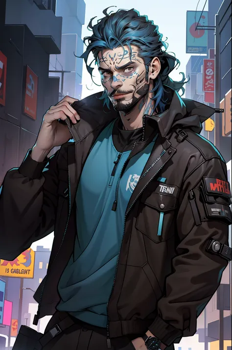 Photorealism, Highest quality, masterpiece, 8K, male, mature, tall, epic, (masterpiece:1.8, best quality), (solo, upper body), upper body, waist, facial hair, smirking, cyberpunk style, BREAK, ((brown eyes)), ((blue medium hair)), ((mid length blue hair)),...