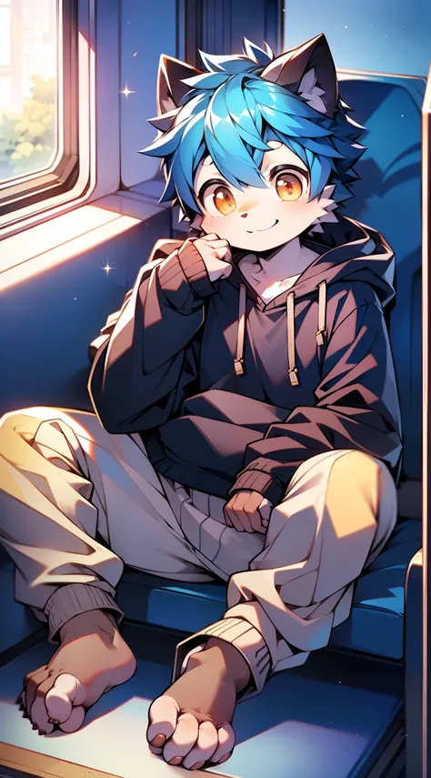 Masterpiece, chubby Little boy with blue hair and shiny bright orange eyes and barefoot wearing a hoodie, and oversized sweatpants sitting in a train, young, boy, child, small, toddler, soft light, (sweatpants:1.4), (Boy:1.4), (Shota:1.4), (Young:1.4), (Ma...