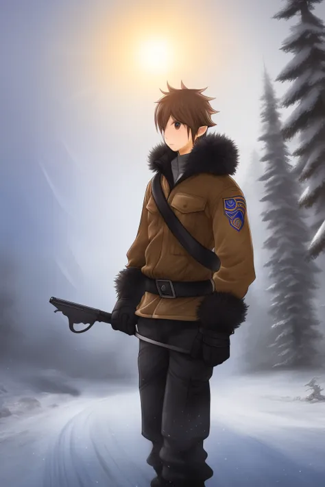 young boy, 17 years old, final fantasy tatics art style, brown hair, blue eyes, wearing dark blue snow jacket, white fur on hood, in a military camp, snowy location, Night, lit by flashlight in background, Looking at Viewer, 4k,