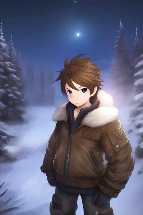 young boy, 17 years old, final fantasy tatics art style, brown hair, blue eyes, wearing dark blue snow jacket, white fur on hood, in a military camp, snowy location, Night, lit by flashlight in background, Looking at Viewer, 4k,