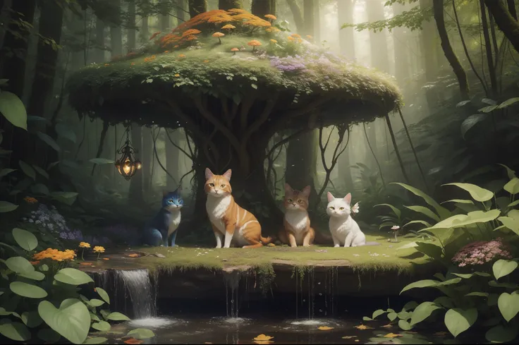 ((photorealistic lighting, superlative, 8K, Masterpiece: 1.3))In a quirky area known as Enchanted Hollow,It is inhabited by a magical race called the Feywhiskers.. Its small, Sprite-like beings are decorated with pastel-colored fur that shimmers in the lig...