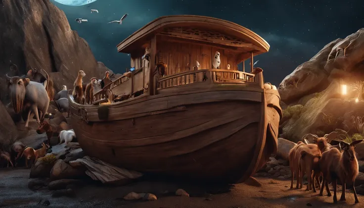 closeup on Noah next to the ark, Dark sky and many animals around the ark, ultrarrealista |