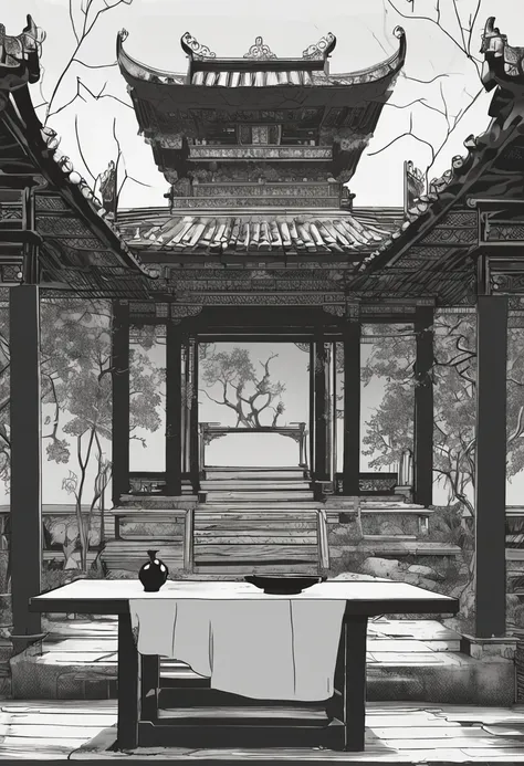 In an ancient, dilapidated Taoist temple, amidst a silent ambiance, an old table stands at the center. The tables surface emits a faint and eerie glow, resembling the flicker of ethereal light in the darkness. This glow not only outlines the tables form bu...