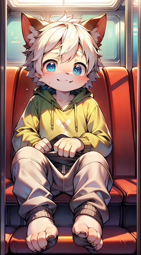 Masterpiece, chubby Little boy with white hair and shiny bright blue eyes and barefoot wearing a hoodie, and oversized sweatpants sitting in a train, young, boy, child, small, toddler, soft light, (sweatpants:1.4), (Boy:1.4), (Shota:1.4), (Young:1.4), (Mal...