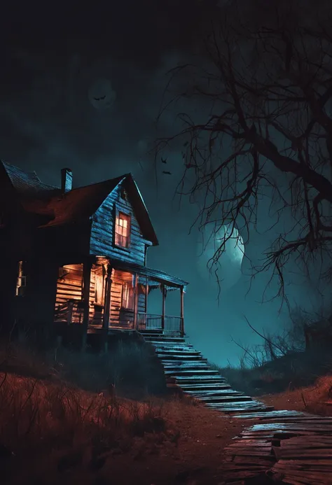 horror book cover, old, spooky wooden house, night roar, full moon