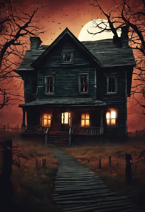 horror book cover, old, spooky wooden house, night roar, full moon