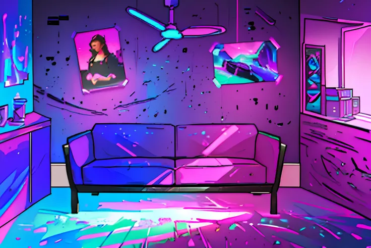 purple couch in a room with a colorful wall and a corlorful wall, interior background art, brightly lit blue room, personal room background, background art, cinematic light ambient,volumetric lighting, background artwork, violet lighting, vaporwave lightin...