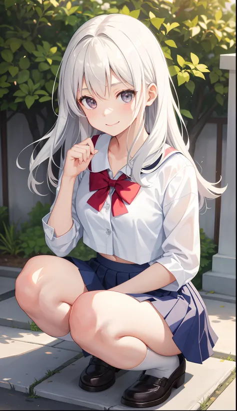 1girl in、A smile、The shirt、skirt by the、（small tits）Chilarism、Japan High School Student Uniform、serafuku、summer clothing、（Sheer Bra）、Upper body portrait、White hair、Dynamism!!Running with the wind、Squatting panchira、plaid skirts、