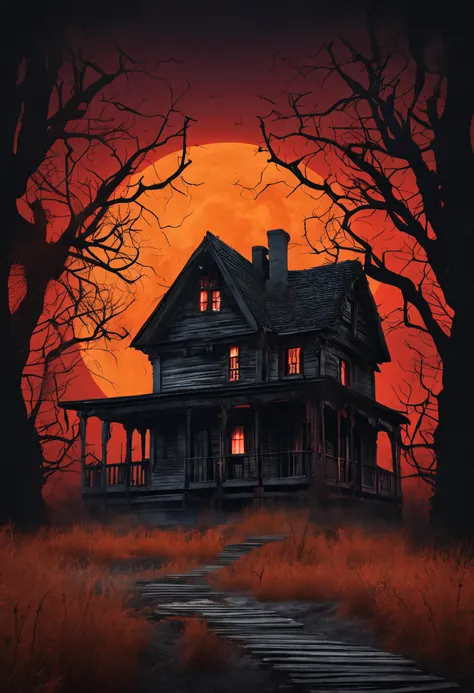 horror book cover, old, spooky wooden house, night roar, full moon