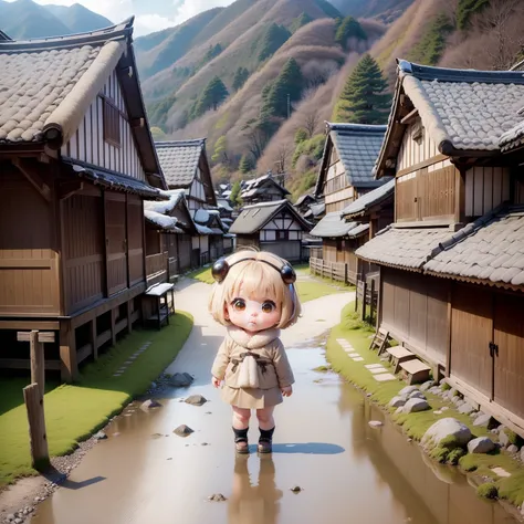 (Cute Baby Chibi Anime:1.2),Beige fluffy short bob, (Gassho-zukuri village of Shirakawa-go and Gokayama:1.3).