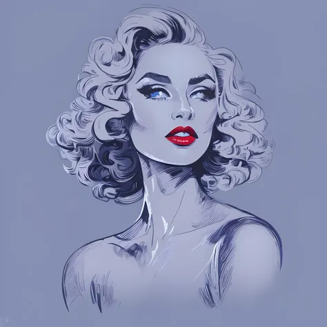 a drawing of a woman with a blue lipstick and curly hair, inspired by Alberto Vargas, in style of digital illustration, detailed face with red lips, vector style drawing, drawn in a noir style, by Jack Boul, by Joe Bowler, luxury fashion illustration, marg...