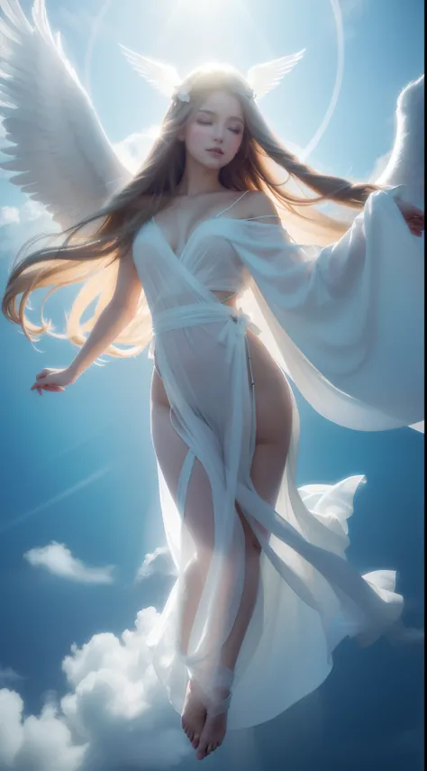 Goddess on the Clouds, Hair flowing in the wind, Wearing a translucent robe. Soft light spreads beyond the clouds, And a winged little angel flutters around her. A glowing halo shimmers around the goddess, And graceful rays emanate from the halo. Light ref...