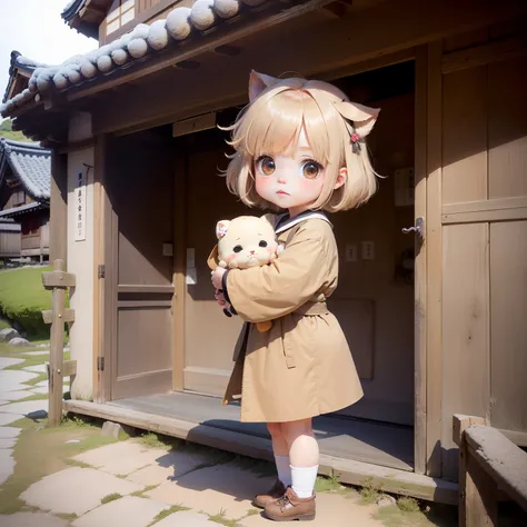 (Cute Baby Chibi Anime:1.2),Beige Fluffy Short Bob, Travel style,(The gassho-style village of Shirakawa-go and Gokayama:1.3).