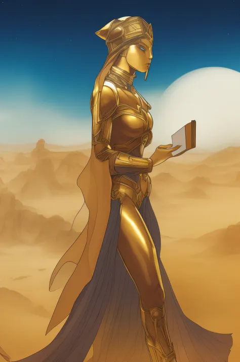 masterpiece: an assertive, gold and porcelain female cyborg, holding a book in one hand, wearing a veil instead of hair, and fea...