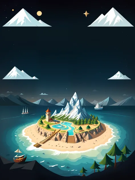 2D illustration with cartoon style treasure map theme, Vista superior do mapa, destacando detalhes do desenho, Art style with striking strokes and vivid colors, Treasure map shows an imaginary island with mountains, florestas e mares, Um caminho divertido ...