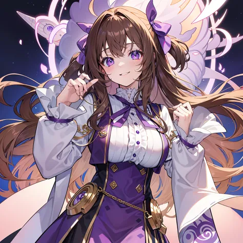 （8K、top-quality、​masterpiece:1.2)、1 girl in、fluffy wavy brown hair、drooing eyes、Light purple eyes、Colossal tits、Purple ribbon、校服、Mysterious、Gentle、kawaii、Calm、A smile