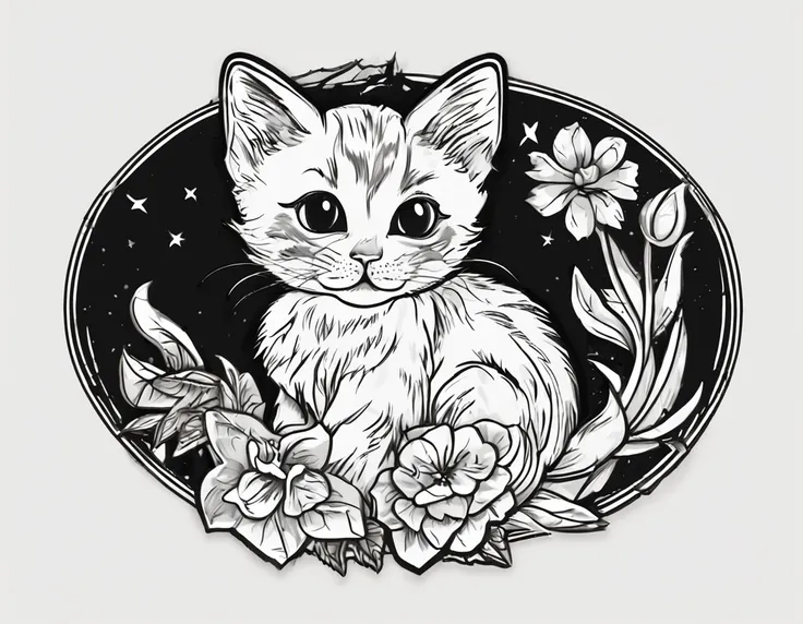 , Kitten illustration for a sticker with a black background, em negrito estilo de contorno, bordas irregulares, Lixo, sombreamento claro