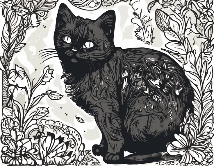 , Kitten illustration for a sticker with a black background, em negrito estilo de contorno, bordas irregulares, Lixo, sombreamento claro