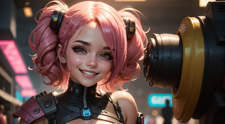 Menina bonita sorrindo com cabelos lisos e rosa, Comemorando com amigos guinomos e fadas e todos sorrindo, Estilo cyberpunk, Estilo Disney, alta qualidade, 4k