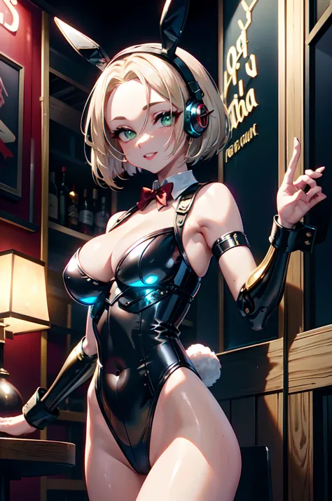 beautiful mechanical woman, solo, (half closed eyes, green eyes), (masterpiece eyes:1.3), BREAK, seductive smile, (mechanical skin: 1.3), (glowing exoskeleton leotard:1.3), (bare arms and shoulders:1.3), (cleavage, exposed groin), BREAK, (long eyelashes, r...