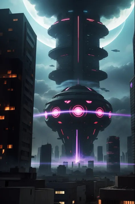 Create an anime-style image depicting an alien invasion. Imagine a bustling city under attack, illuminated by the eerie glow of massive alien motherships in the sky. Advanced alien spacecraft dart through the air, contrasting with the citys architecture. B...