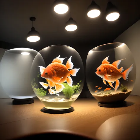 darkened room、Goldfish shining in the spotlight in a fishbowl、Photoreality