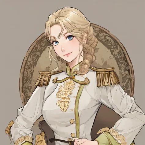 Lonely young adult girl, Tall stature, little chest, Slavic appearance: Green eyes; blond hair; sharp facial features; dimple on the chin; Straight nose; high nose; pronounced high cheekbones; high forehead, stands upright, military uniform: gray double-br...