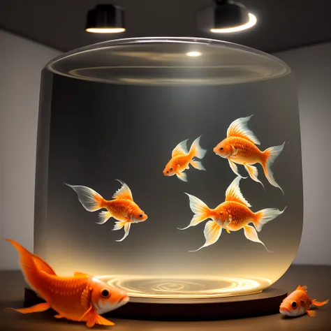 darkened room、Goldfish shining in the spotlight in a fishbowl、Photoreality