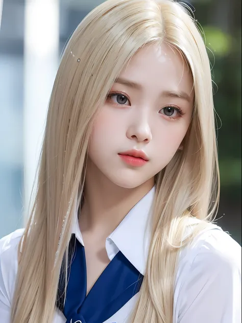 1 girl、portlate、student clothes、blue-sky、Bright and very beautiful face、年轻, shiny white shiny skin、Best Looks、Blonde hair with dazzling light reflection、Beautiful Platinum Blonde Super Long Silky Straight Hair Gloss、Long bangs、Incredibly beautiful 19 years...