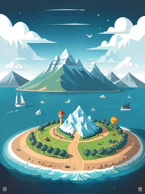 2D illustration with cartoon style treasure map theme, Vista superior do mapa, destacando detalhes do desenho, Art style with striking strokes and vivid colors, Treasure map shows an imaginary island with mountains, florestas e mares, Um caminho divertido ...