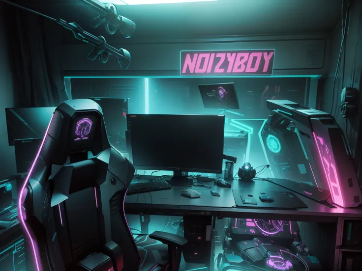 Cyberpunk gaming room, robot sitting on the chair