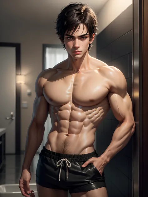 Brazilian, realistic, detailed, distant view, sexy, teenage boy, young, short straight black hair, black eyes, towel on hips, arrogant look, bathroom, bathroom, lying in bathroom, realistic eyes, detailed face, detailed hands, detailed legs, detailed finge...