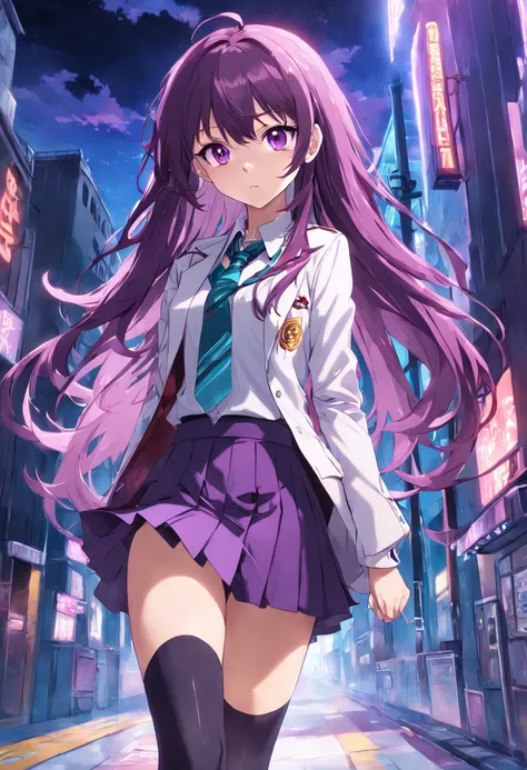 full body female ,long hair with bangs, Wearing a white blazer and formal wine shirt, School skirt and purple high socks , Bright purple eyes , With iron gloves