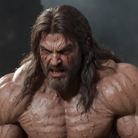 (professional 3d render:1.3) af (Realistic:1.3) most beautiful artwork photo in the world，Features soft and shiny male heroes, ((Epic hero fantasy muscle man rough wet hero angry look long hair short beard and ferocious expression in dynamic pose, Fantasti...