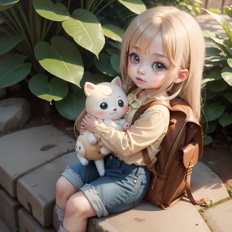 Cute Baby Chibi Anime,Blouse and denim pants,Beige long hair,Cute character rucksack,Joaquin Antonio Uribe Botanical Garden