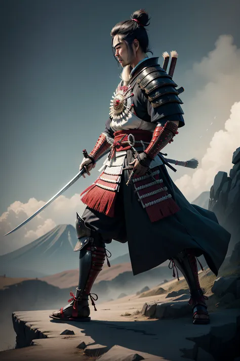 full body portrait of one Japanese Samurai Warrior, sideway view