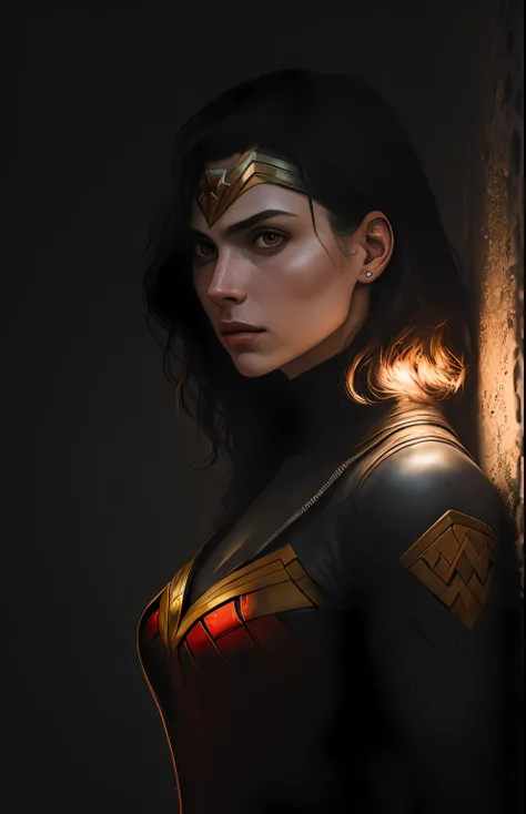 (dark shot: 1.1), epic realistic, Wonder Woman Red Lantern from DC, yellow gradient, black, brown and magenta color scheme, grunge aesthetics!!! graffiti tag wall background, art by Greg Rutkowski and artgerm, soft cinematic light, Adobe Lightroom, darkroo...