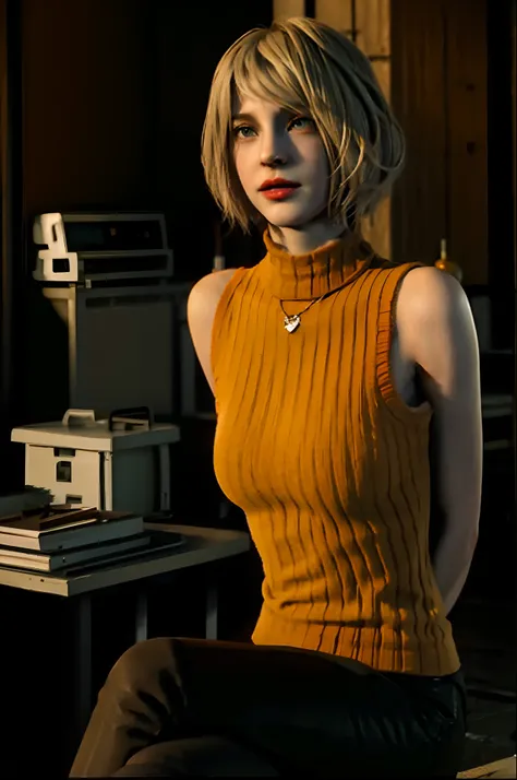 1girl, blurry, photo_(medium), realistic, short_hair, sleeveless, solo, looking_at_viewer, blonde_hair, shirt, bare_shoulders, jewelry, green_eyes, upper_body, parted_lips, necklace, sweater, lips, turtleneck, bob_cut, sleeveless_turtleneck, orange_shirt,s...